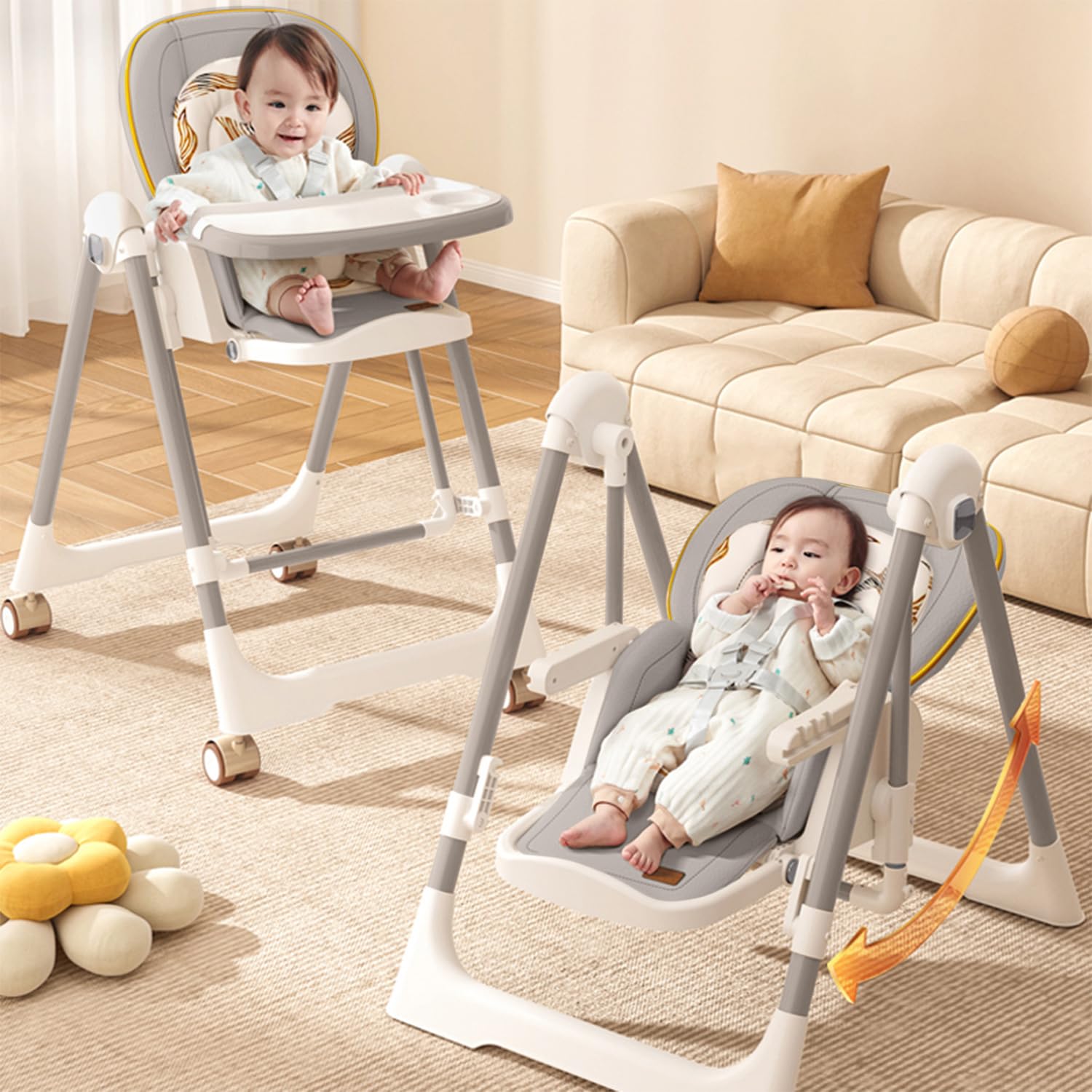 Modern baby high chair with adjustable tray and a separate baby swing/bouncer, both in a neutral cream and beige color scheme. Features happy babies using the multi-functional seating, perfect for a nursery or living room." www.usmile.com